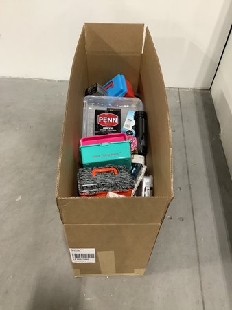 Box – 65 Pcs – Fishing & Wildlife – Untested Customer Returns – Kid Casters, Plano, Moonshine, Rapala