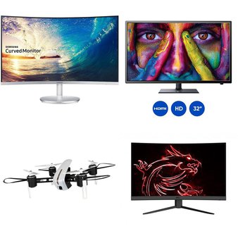 Pallet – 32 Pcs – Monitors, Drones & Quadcopters Vehicles, Speakers – Damaged / Missing Parts / Tested NOT WORKING – Samsung, Protocol, Onn, LG