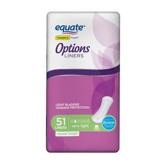 Equate Options Incontinence Liners for Women, Very Light, Regular, 51 Count – Brand New