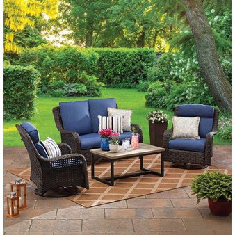 Pallet – Better Homes & Gardens BH48-092-199-02 Ravenbrooke 4-Piece Outdoor Wicker Swivel Chair Conversation Set, Blue – Patio – Customer Returns – Better Homes & Gardens