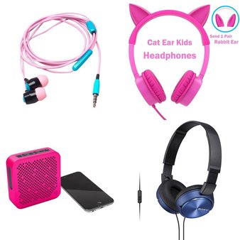16 Pcs – Ashley Mary 52805754 Wired Earbuds – Black/Pink, JLab SBMINIRPNK4 Crasher Mini Splashproof Bluetooth Speaker – Pink, Vivitar On-Ear Fashion Headphones for Kids, Pink – Age 3 and up, Vititar BH-C57-PNK Wireless Headphones, Powder Pink – BRAND NEW