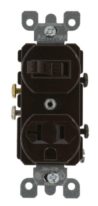 25 Pcs – Leviton 5335 20 Amp, 120 Volt, Duplex Style Combination Single Pole Switch/Receptacle, Grounding, Brown – Used, Like New – Retail Ready